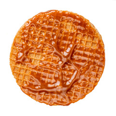 Caramel round waffle with Caramel sauce isolated on white background. Dutch stroopwafel with Golden Butterscotch toffee syrup, top view