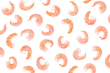Peeled Shrimps Pattern.  Shrimps isolated on white background. Seafood  Collection. Top view. Flat lay
