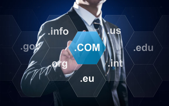 Concept about international domain names on internet for websites on a screen, such as .com, .org, .net, and .info