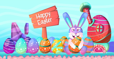 Vector illustration, spring landscape with cartoon rabbit character and Easter eggs. Egg hunt banner design. - Vector
