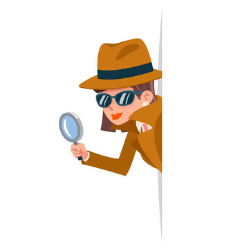 Cute woman snoop detective magnifying glass tec peeking out corner search help noir female cartoon character design isolated vector illustration