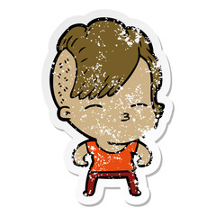 distressed sticker of a cartoon girl muscle posing