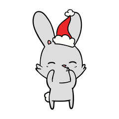 curious bunny line drawing of a wearing santa hat
