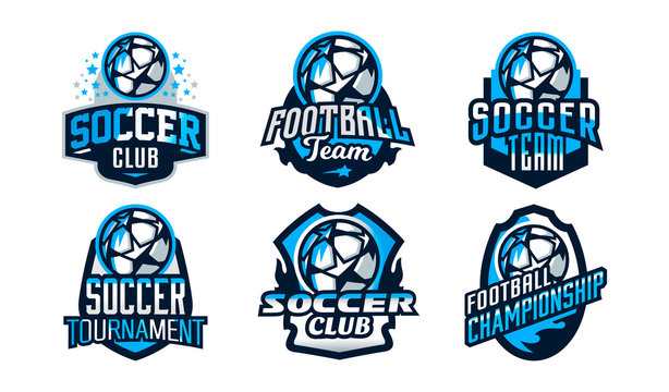Set of football club logos, soccer ball. Soccer ball emblem, shield. Football school tournament, goal, competition, star, fire, flame. Colorful Vector Illustration