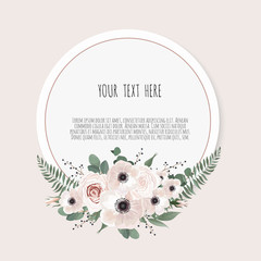 Card with flower rose, leaves. Wedding ornament concept. Floral poster, invite.