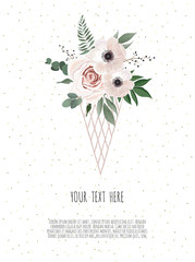 Card with flower rose, leaves. Wedding ornament concept. Floral poster, invite.