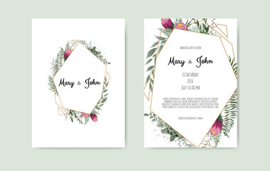 Botanical wedding invitation card template design, white and pink flowers on white background.