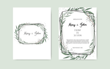 Botanical wedding invitation card template design, white and pink flowers on white background.