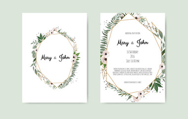 Botanical wedding invitation card template design, white and pink flowers on white background.