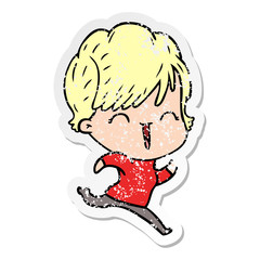 distressed sticker of a cartoon laughing woman