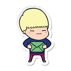 sticker of a cartoon smug boy carrying present