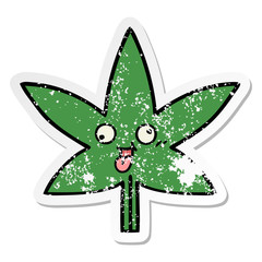 distressed sticker of a cute cartoon marijuana leaf