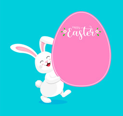 Cute rabbit holding egg shape paper. Special offer for Easter. Easter eggs hanging, illustration isolated on blue background. Great for your design of poster, greeting card and banner.