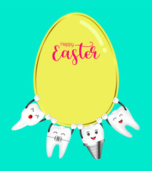 Cute cartoon happy tooth take Easter egg. Happy Easter day concept. Illustration isolated on green background.