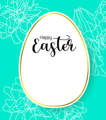 White egg shape banner. Happy Easter egg concept. Vector illustration on green background with white flower outline.