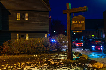 Salem, USA- March 03, 2019: Historic Johnathan Corbin House known as the Witch House because of its connection to the 1662-63 Witch Trials on a rainy day, it is located in Salem, Massachusetts