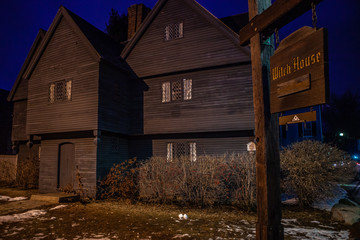 Salem, USA- March 03, 2019: Historic Johnathan Corbin House known as the Witch House because of its connection to the 1662-63 Witch Trials on a rainy day, it is located in Salem, Massachusetts