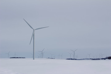 Fototapeta premium Electric wind turbines on a snowy rural field in winter