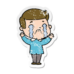 distressed sticker of a cartoon man crying