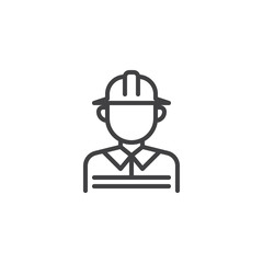 Firefighter man line icon. linear style sign for mobile concept and web design. Fireman with helmet and uniform outline vector icon. Faceless people avatar symbol, logo illustration. Pixel perfect 