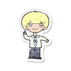 retro distressed sticker of a cartoon school boy answering question