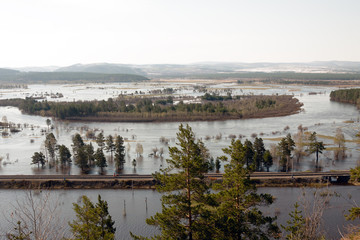 Fototapeta premium Overflowing river, flooded fields and forest