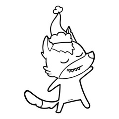 friendly line drawing of a wolf wearing santa hat