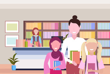 people borrowing books from librarian modern library bookstore interior bookcase with books reading education knowledge concept flat portrait horizontal