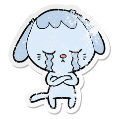 distressed sticker of a cute puppy crying cartoon