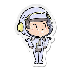 distressed sticker of a happy cartoon astronaut man