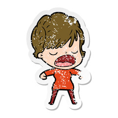distressed sticker of a cartoon woman talking