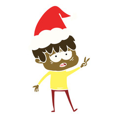 flat color illustration of a exhausted boy wearing santa hat