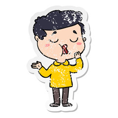 distressed sticker of a cartoon man talking