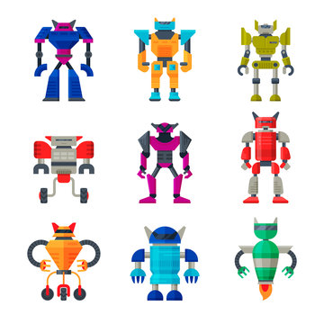 Flat vector set of robot transformers. Futuristic metal androids. Artificial intelligence. Elements for mobile game