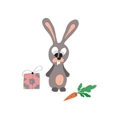 Vector of cartoon imagesof bunny with a gift.The drawing in the style of hand drawn.  Each item can be peredigat. Positive character