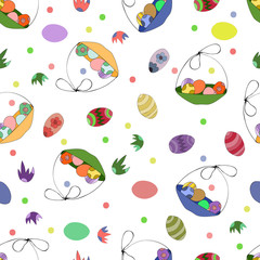 seamless background for easter. Multicolored color eggs and a basket of eggs. Decorative texture. Good for Easter design. Happy easter background.