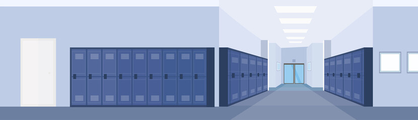 empty school lobby corridor interior with row of blue lockers horizontal banner flat © mast3r