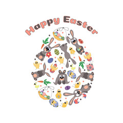 Easter greeting with colored eggs,rabbit. Colorful detailed design background with objects and symbols. All objects are separated. Objects laid out in the shape of an egg