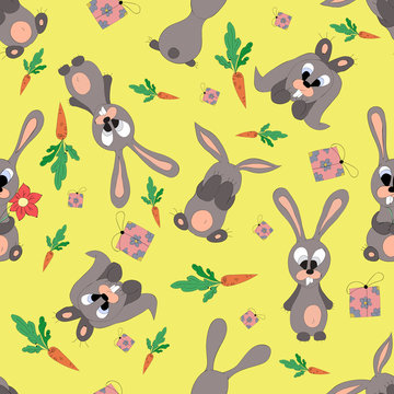  seamless background for easter. Multicolored color eggs and a basket of eggs, rabbit, chickens, gift. Decorative texture. Good for Easter design. Happy easter background.