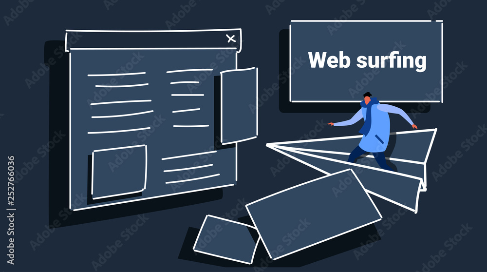 Poster man flying on paper plane to website page browser web surfing concept casual guy in winter clothes b