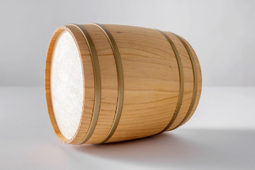 Wooden barrel with iron rings.