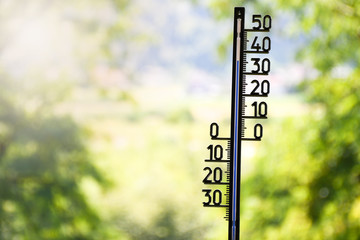 Outdoor thermometer showing 36 degrees Celsius on a hot sunny summer day with blurred trees in the background