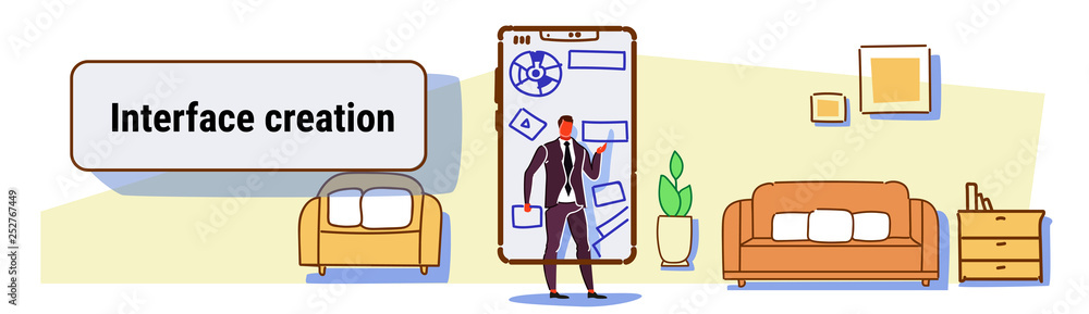 Poster business man developer using mobile application interface creation development concept business man 