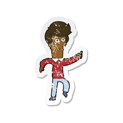 retro distressed sticker of a cartoon man pointing