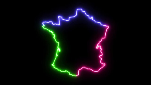 Three-colors neon glowing France map silhouette