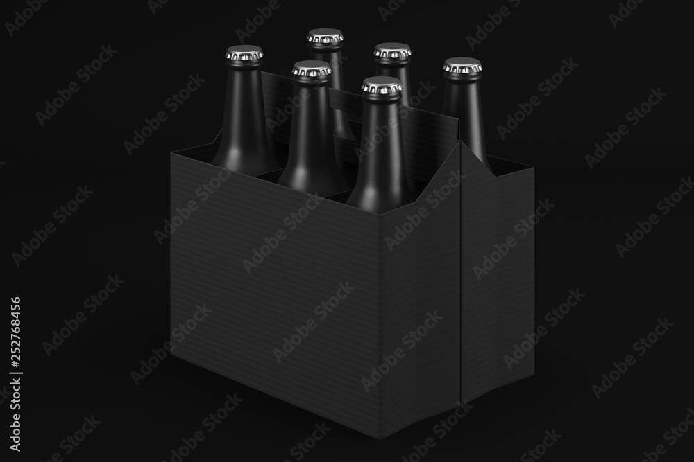 Aufkleber cardboard box filled with frosted glass bottles for drinks. side view. mock up. 3d rendering
