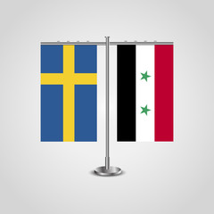 Table stand with flags of Sweden and Syria.Two flag. Flag pole. Symbolizing the cooperation between the two countries. Table flags