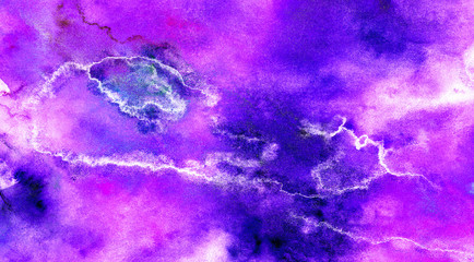 Bright violet and magenta neon watercolor background. Paper textured aquarelle canvas for creative design. Abstract cosmic vivid pink hand drawn multicolor texture water color painted illustration