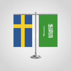 Table stand with flags of Sweden and Saudi Arabia.Two flag. Flag pole. Symbolizing the cooperation between the two countries. Table flags