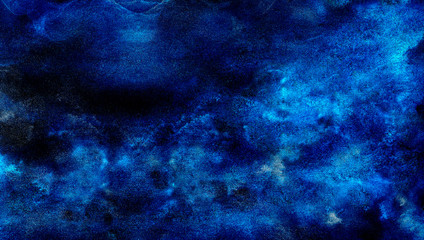 Cosmic neon light blue watercolor background. Paper textured aquarelle deep black canvas for modern creative design. Thunder storm lightning night sky texture multicolor water color paint illustration © KatMoy